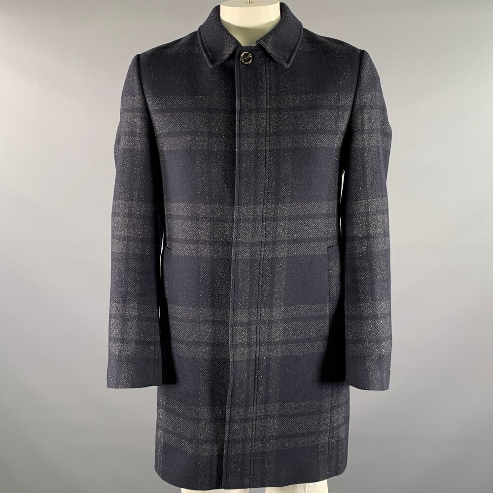 TED BAKER Chest Size L Navy Grey Plaid Wool Blend Car Coat Coat